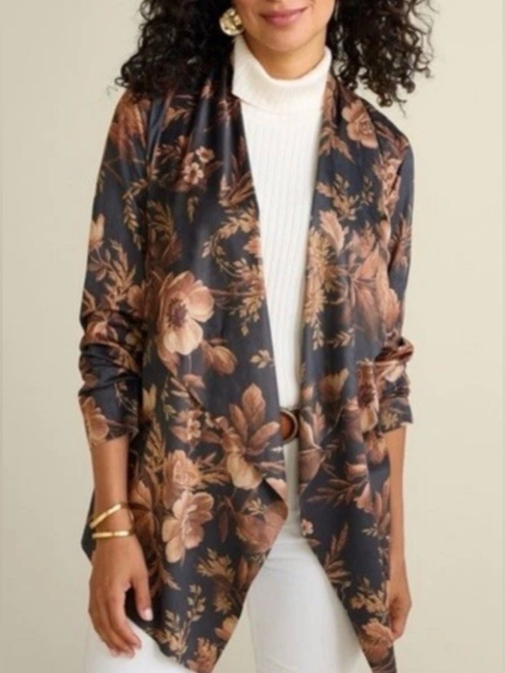 Soft Surroundings Brown Black Faux Suede Floral Draped Jacket PM NWT
